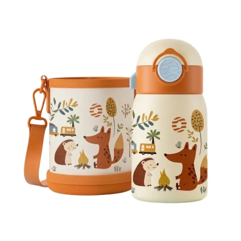 Gourde enfant en inox avec motif renard et isolation thermique performante.