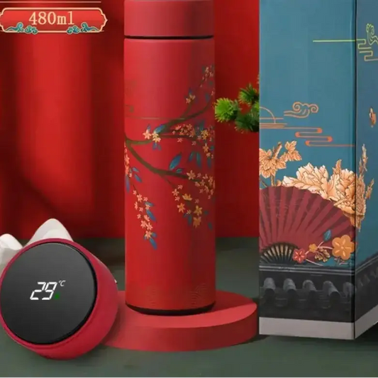 Gourde Isotherme Connectée Style Japonais (Fleurs), thermos japonais, affichage température, double paroi sous vide, sans BPA, parfaite pour le bureau | La Gourde®