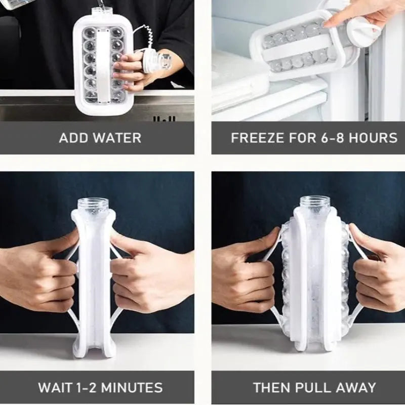 Gourde Sport Glaçons 2 en 1 - Comment utiliser une gourde glaçons - ajouter de l'eau, laisser au congélateur 6 au moins , 1 min a de congélateur , tire les poignet et déguste vos boissons