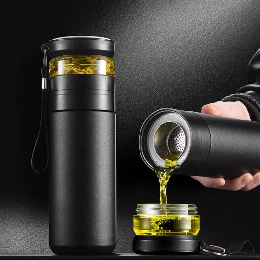 La Gourde - Gourde Isotherme Inox 500ml (Noir), gourde infuseur thé en acier inoxydable, sans BPA, anti-fuite, réutilisable, portable, double paroi isotherme | La Gourde ®