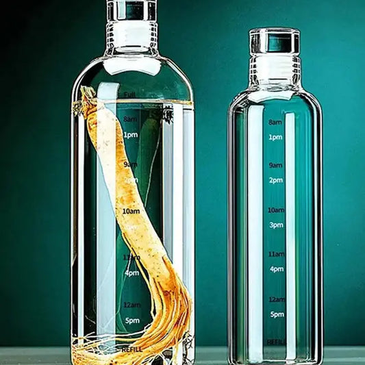 Lot De 2 Gourde En Verre de 1L avec Graduation Horaire, bouteille d’eau en verre graduée avec repères horaires, idéale pour accompagner l’hydratation quotidienne au bureau, à la maison ou en déplacement.