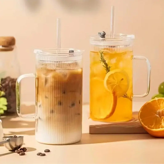 Grand mug en verre 740 ml avec poignée et couvercle transparent