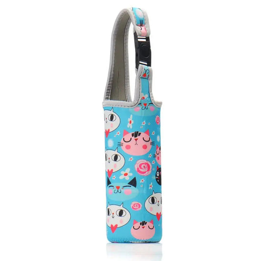 Housse gourde portable bleue avec motif animaux et sangle réglable pour bouteille en verre, inox ou gourde réutilisable. | La Gourde