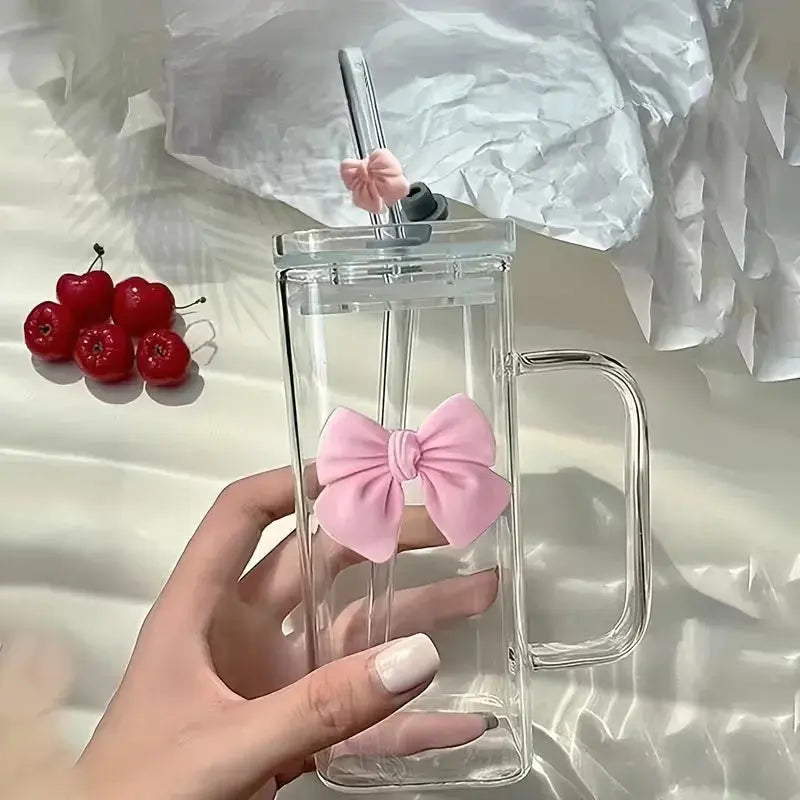 Gobelet en Verre avec Paille et Poignée Nœud Rose Réutilisable
