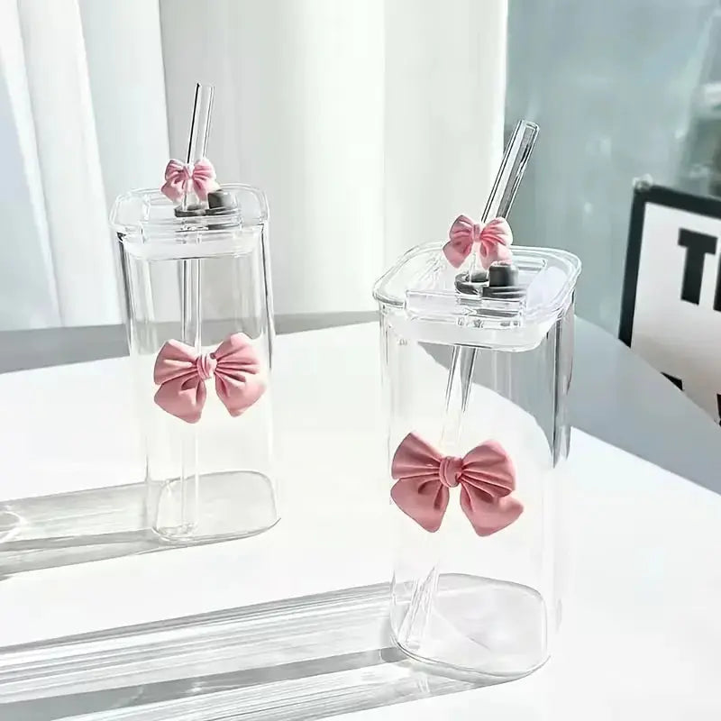 Gobelet en Verre avec Paille et Poignée Nœud Rose pour Boissons Froides