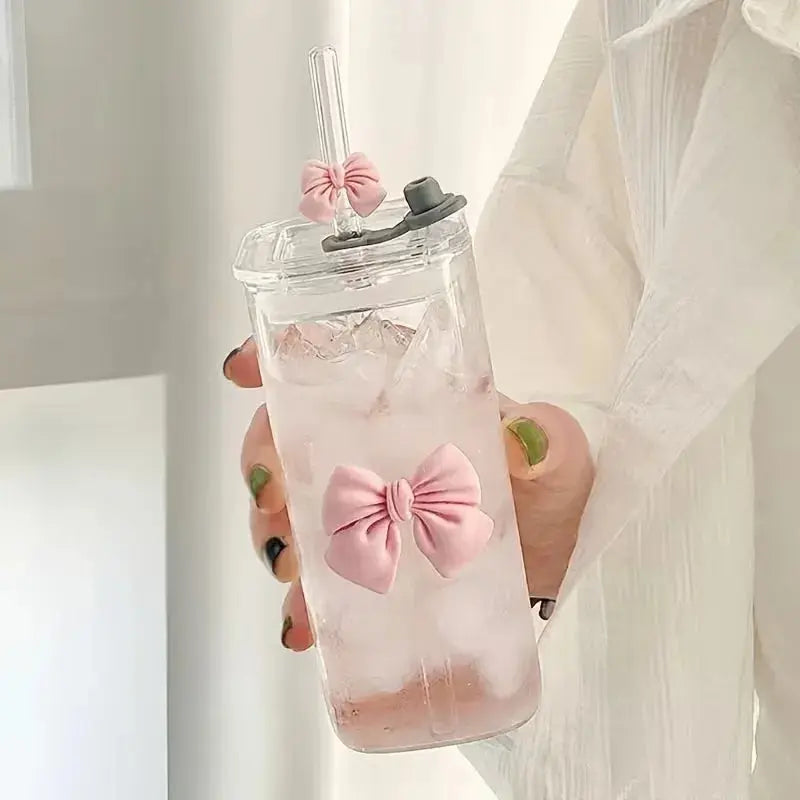 Gobelet en Verre avec Paille et Poignée Nœud Rose pour Maison