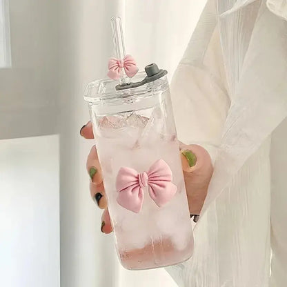 Gobelet en Verre avec Paille et Poignée Nœud Rose pour Maison