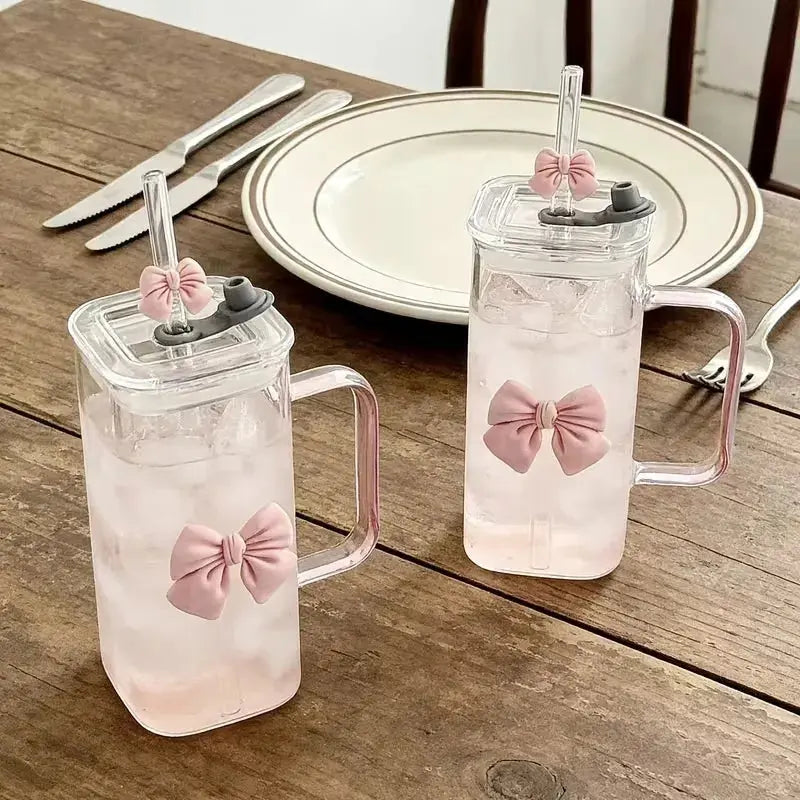 Gobelet en Verre avec Paille et Poignée Nœud Rose pour Voyage
