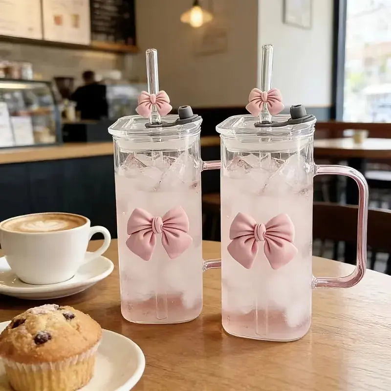 Gobelet en Verre avec Paille et Poignée Nœud Rose Design Féminin