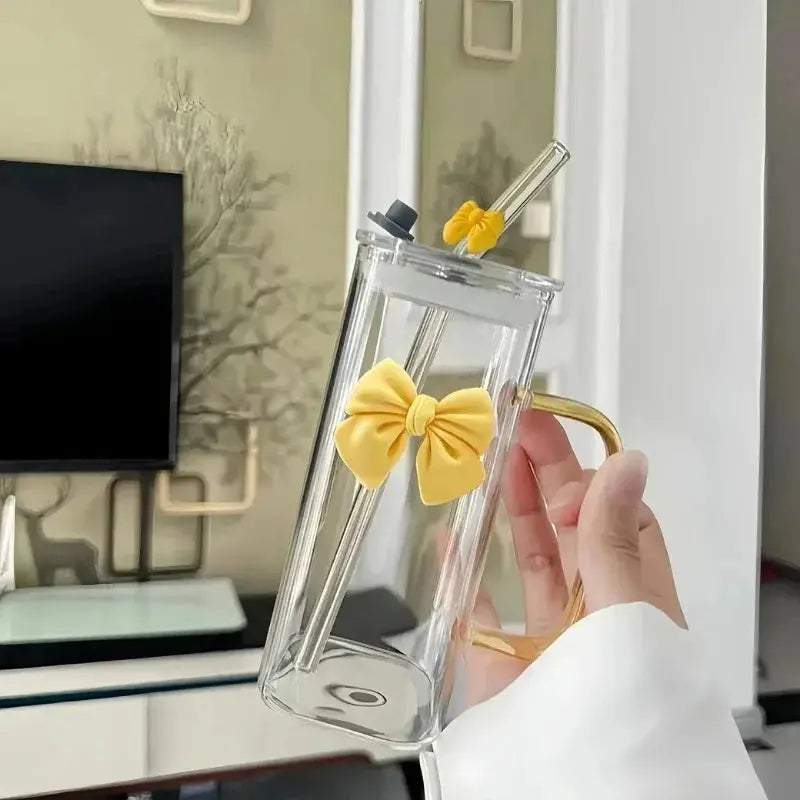Gobelet en Verre avec Paille et Poignée Nœud jaune Transparent
