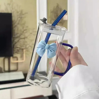 Gobelet en Verre avec Paille et Poignée Nœud Bleu pour Femme