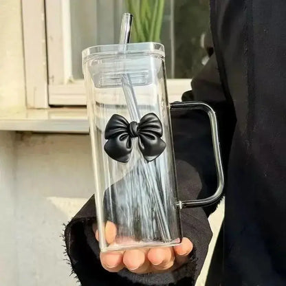 Gobelet en Verre avec Paille et Poignée Nœud Noir  pour Café
