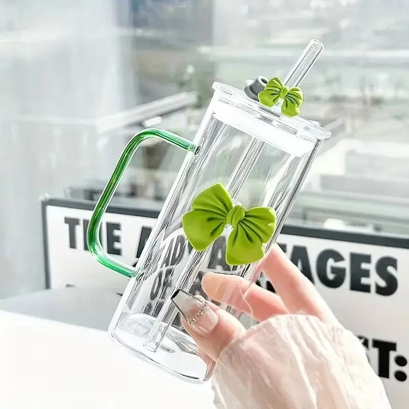 Gobelet en Verre avec Paille et Poignée Nœud vert pour Thé