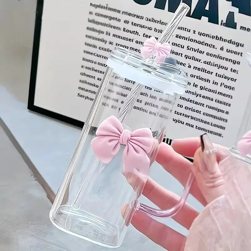Gobelet en Verre avec Paille et Poignée Nœud Rose Réutilisable au Quotidien