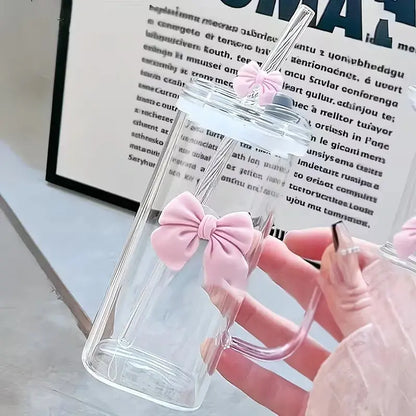 Gobelet en Verre avec Paille et Poignée Nœud Rose Réutilisable au Quotidien