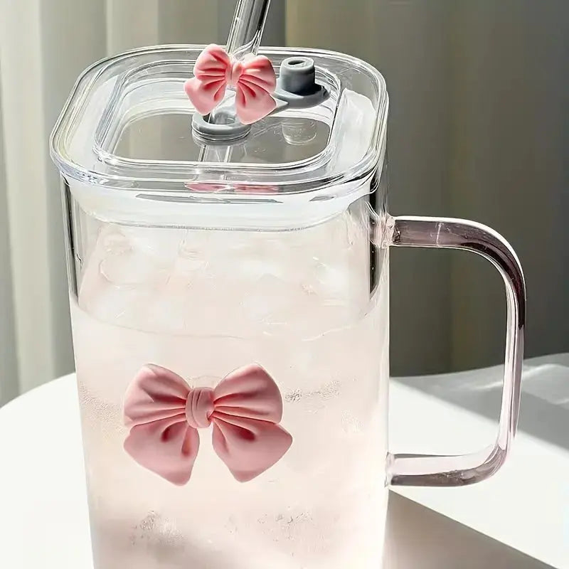 Gobelet en Verre avec Paille et Poignée Nœud Rose Résistant à la Chaleur