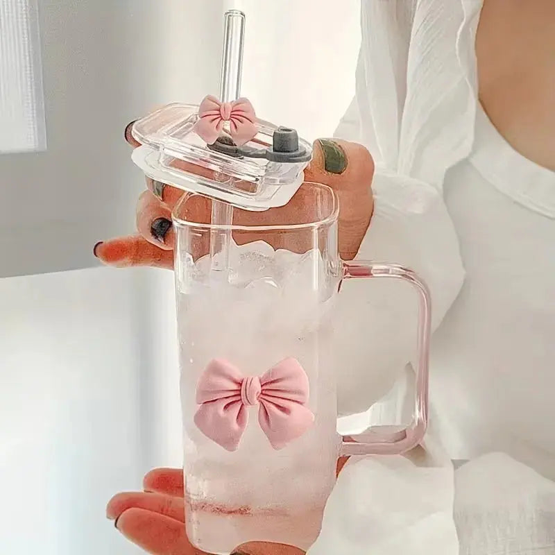 Gobelet en Verre avec Paille et Poignée Nœud Rose pour Bureau