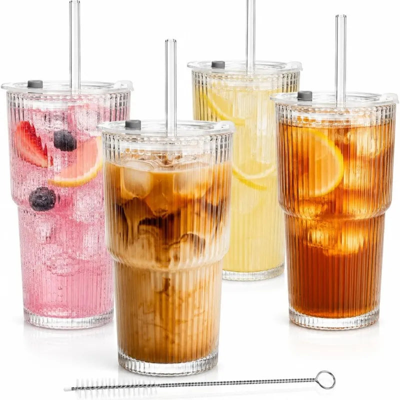 Gourde Transparente 600ML en verre avec paille et couvercle étanche pour café glacé et boissons fraîches
