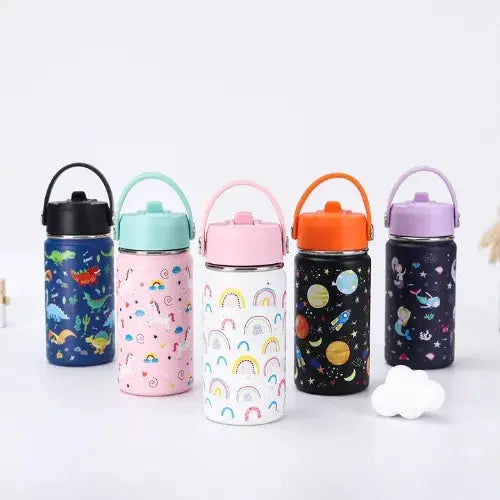 Gourde Inox Enfant Avec Paille 12oz isotherme pour boisson chaude ou froide.