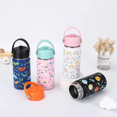 Gourde Inox Enfant Avec Paille 12oz 350 ml avec poignée et paille pratique.