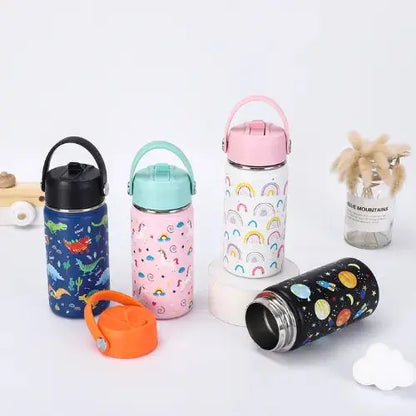 Gourde Inox Enfant Avec Paille 12oz 350 ml avec poignée et paille pratique.