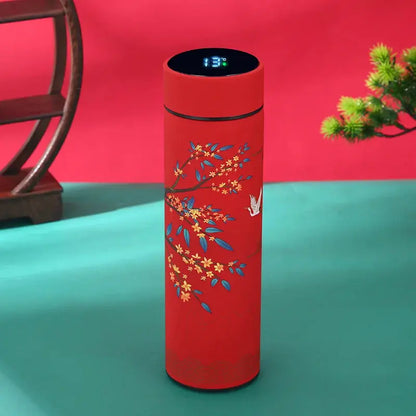 Gourde Isotherme Connectée Style Japonais (Fleurs), bouteille isotherme premium, écran tactile LED, acier inoxydable 304, étanche, parfaite en voyage | La Gourde®
