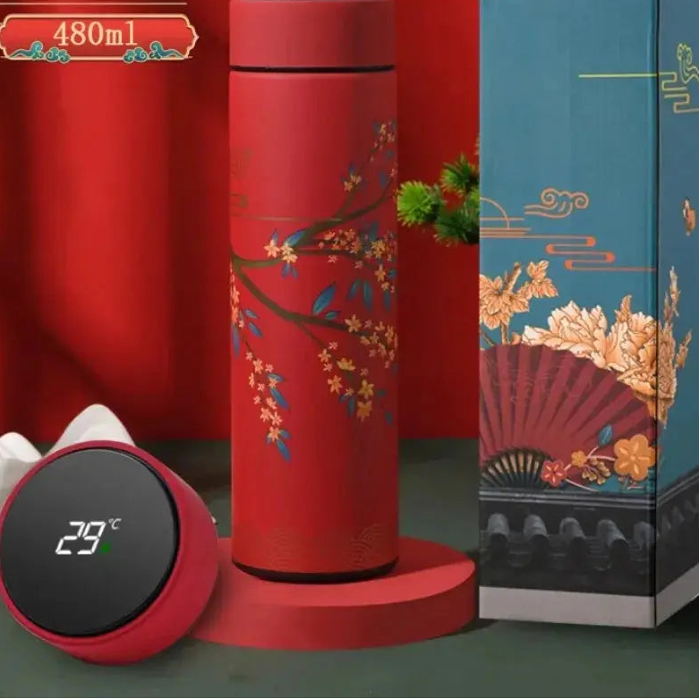 Gourde Isotherme Connectée Style Japonais (Fleurs), thermos japonais, affichage température, double paroi sous vide, sans BPA, parfaite pour le bureau | La Gourde®