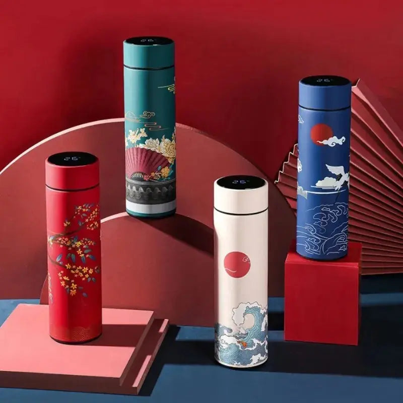 Gourde Isotherme Connectée Style Japonais (Fleurs), gourde design japonais, conservation chaud froid, sans BPA, portable, idéale au quotidien | La Gourde®