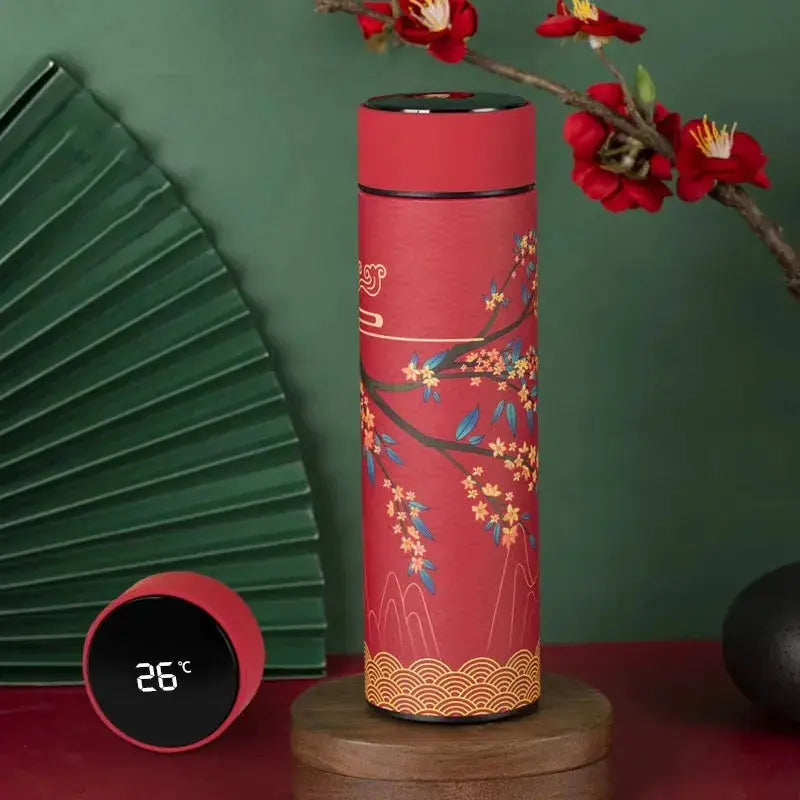 Gourde Isotherme Connectée Style Japonais (Fleurs), gourde isotherme japonaise, écran LED intelligent, acier inoxydable, anti-fuite, idéale pour thé et café | La Gourde®