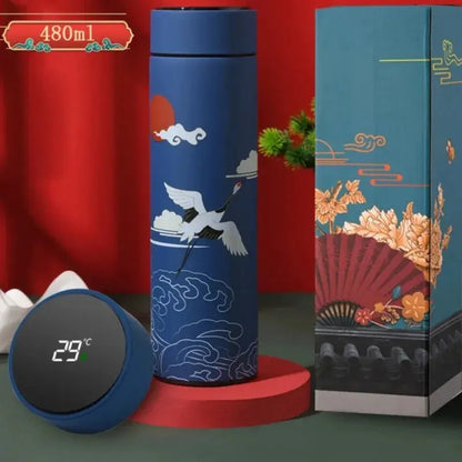 Gourde Isotherme Connectée Style Japonais (Grue), gourde élégante, température intelligente, sans BPA, réutilisable, idéale pour les infusions | La Gourde®