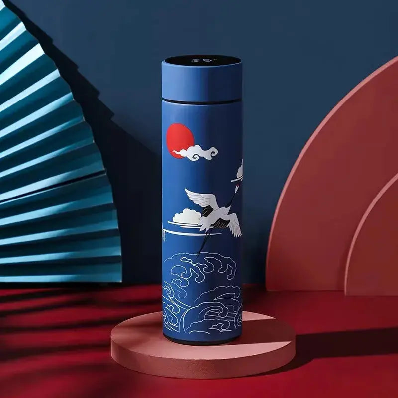 Gourde Isotherme Connectée Style Japonais (Grue), bouteille isotherme premium, écran tactile LED, acier inoxydable 304, étanche, parfaite au quotidien | La Gourde®
