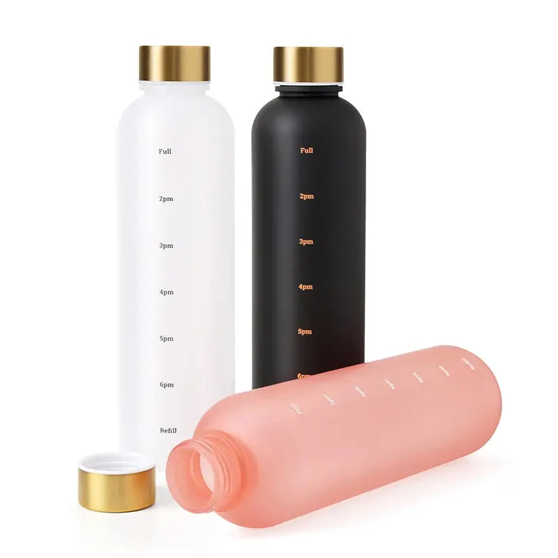Gourde Motivation Horaire 1L (Rose), gourde rose avec heure, bouteille sport étanche, marqueur horaire, sans BPA | La Gourde®