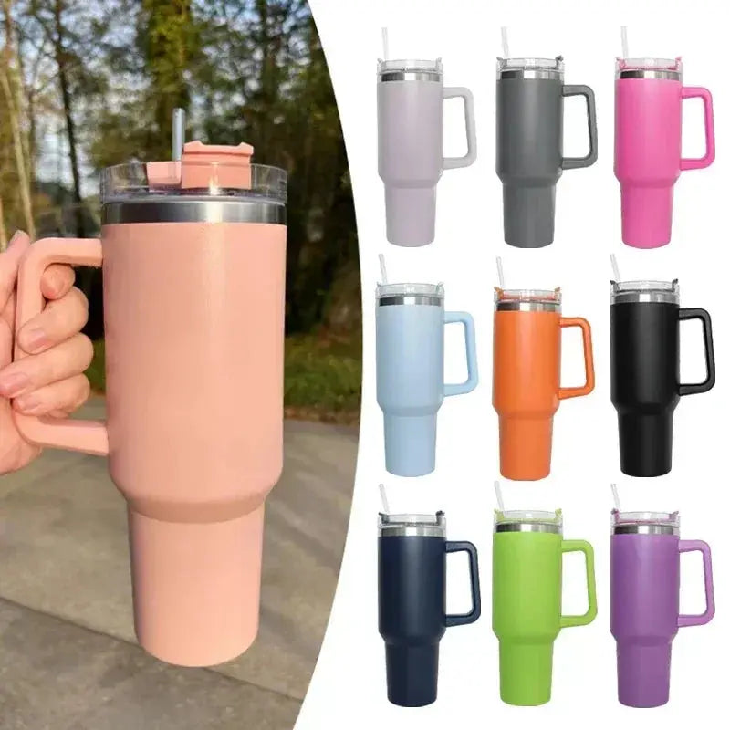 Gourde Mug Thermos Cup 40 oz rose avec poignée et paille