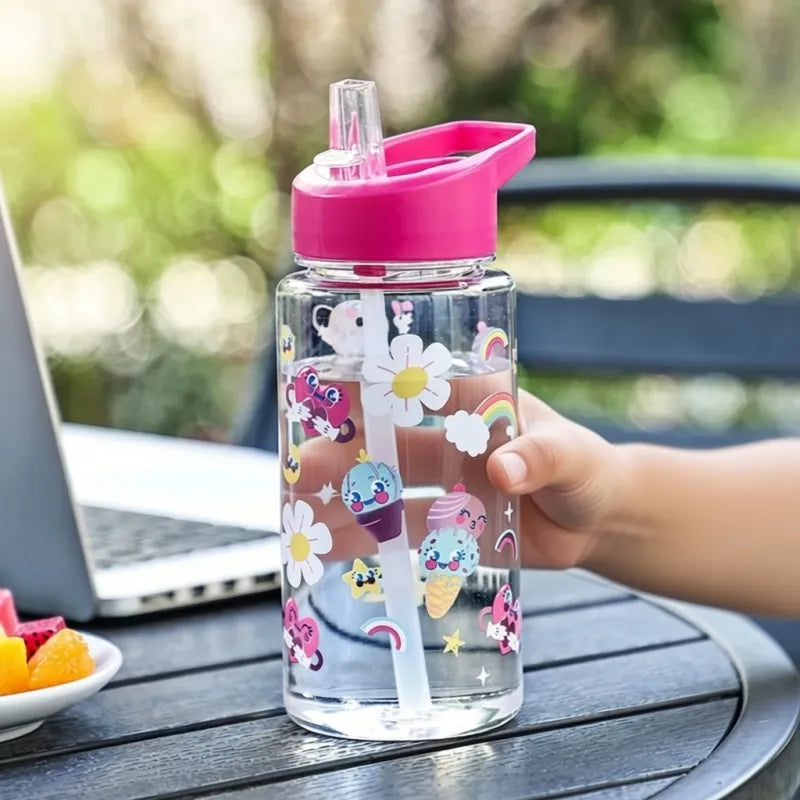 Gourde Paille Enfant Rouge 500ml avec motif dinosaure amusant et crème glacée colorée, idéale pour encourager une hydratation quotidienne saine à l’école, au sport et lors des sorties en famille. | La Gourde