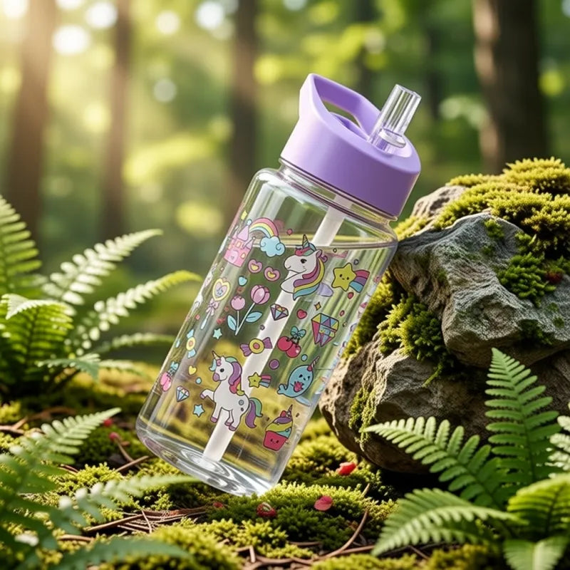 Bouteille d’eau enfant avec paille intégrée et motif licorne, conçue pour favoriser une meilleure hydratation quotidienne tout en offrant un design amusant apprécié des enfants. | La Gourde
