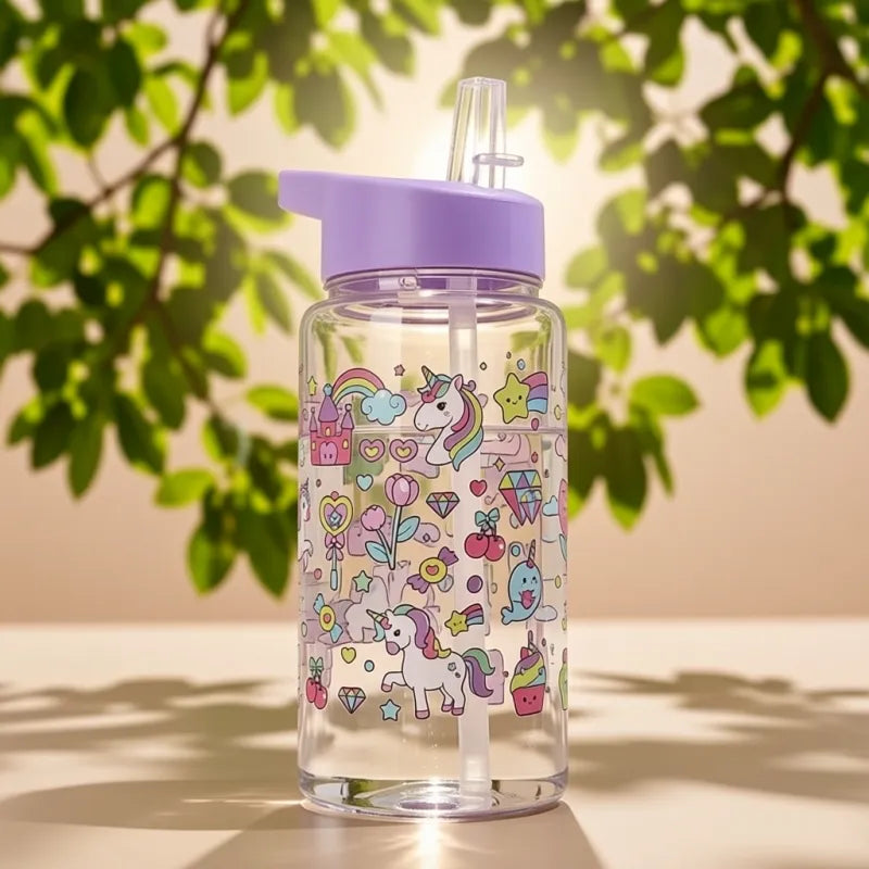Gourde enfant violette avec paille et design licorne, accessoire indispensable pour le camping, les pique-niques, les promenades et les activités de plein air. | La Gourde