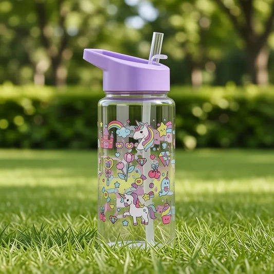 Gourde Paille Enfant Violet 500ml (Licorne) avec design licorne coloré et paille intégrée, idéale pour encourager une hydratation quotidienne saine à l’école, à la maison ou pendant les activités de loisirs. | La Gourde