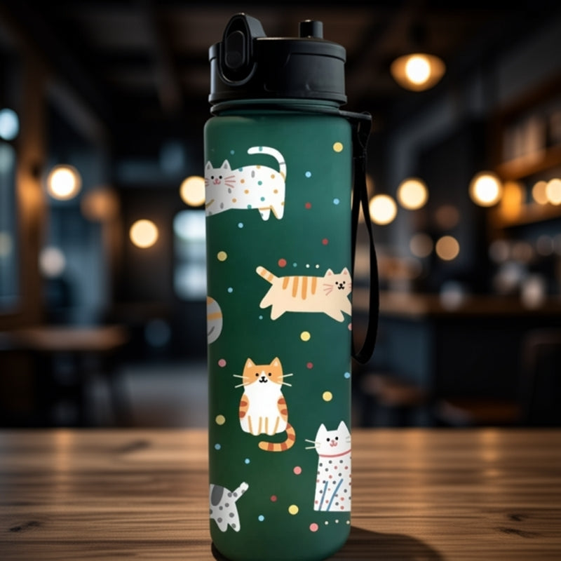 Gourde Sport Enfant Vert 750ML en plastique résistant avec finition mate, gourde enfant légère, bouteille d'eau avec chat 3D, idéale pour une hydratation quotidienne à l'école, en randonnée, au camping ou pendant les loisirs. | La Gourde
