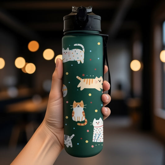 Gourde Sport Enfant Vert 750ML avec chat de dessin animé imprimé en 3D, bouteille d'eau réutilisable sans PVC, gourde enfant anti-fuite avec finition mate, idéale pour l'école, le sport, les sorties scolaires, les voyages et les activités de plein air. | La Gourde