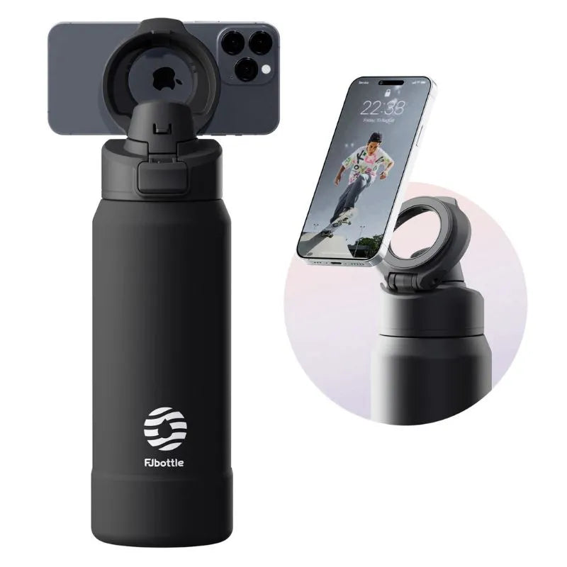Gourde Sport Magnétique noir avec support téléphone intégré et isolation 24 heures
