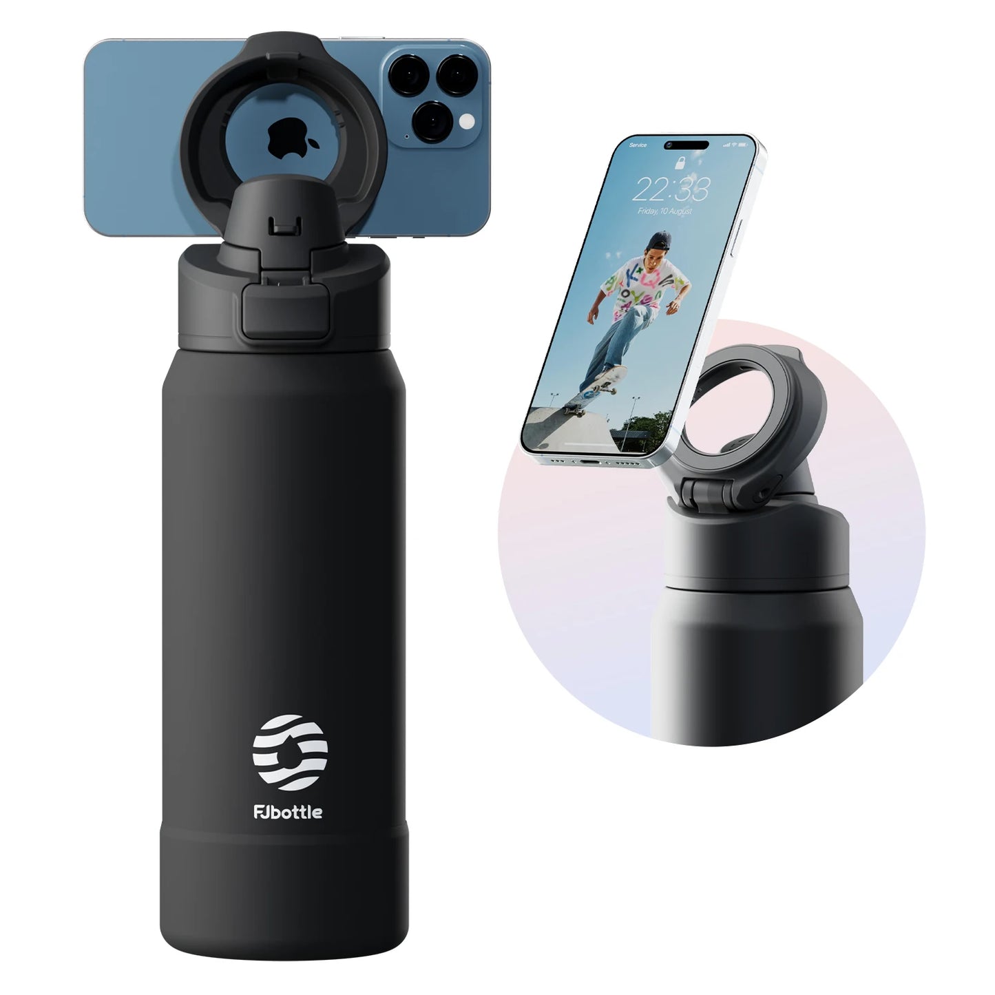 Gourde Sport Magnétique Blanc 950 ml avec support smartphone compatible MagSafe, bouteille d'eau isotherme en acier inoxydable, trépied réglable, gourde anti-fuite idéale pour le sport, le fitness, les voyages et les selfies.