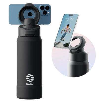 Gourde Sport Magnétique Blanc 950 ml avec support smartphone compatible MagSafe, bouteille d'eau isotherme en acier inoxydable, trépied réglable, gourde anti-fuite idéale pour le sport, le fitness, les voyages et les selfies.