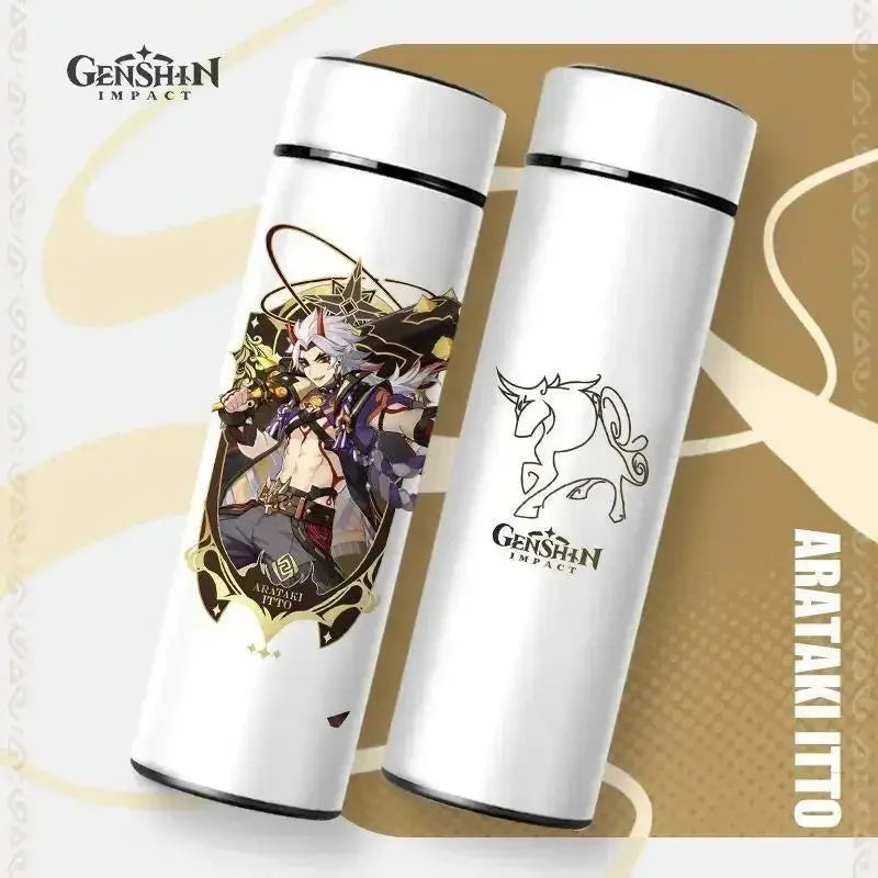 Gourde Thermos Isotherme Connecté Genshin Impact 550 ml,  Gourde isotherme Genshin Impact 550 ml avec température.
Thermos connecté original en acier inoxydable.