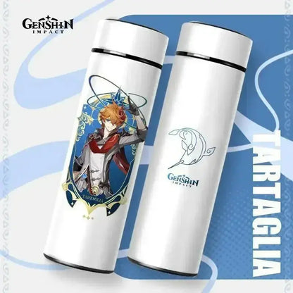 Gourde Thermos Isotherme Connecté Genshin Impact 550 ml, Gourde isotherme Genshin Impact avec température numérique.
Bouteille connectée pour boissons chaudes ou froides.