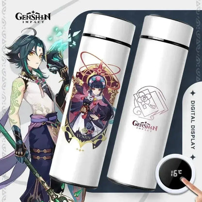 Gourde Thermos Isotherme Connecté Genshin Impact 550 ml, Thermos connecté Genshin Impact en inox 550 ml., Design gaming et fonction d’affichage de température.
