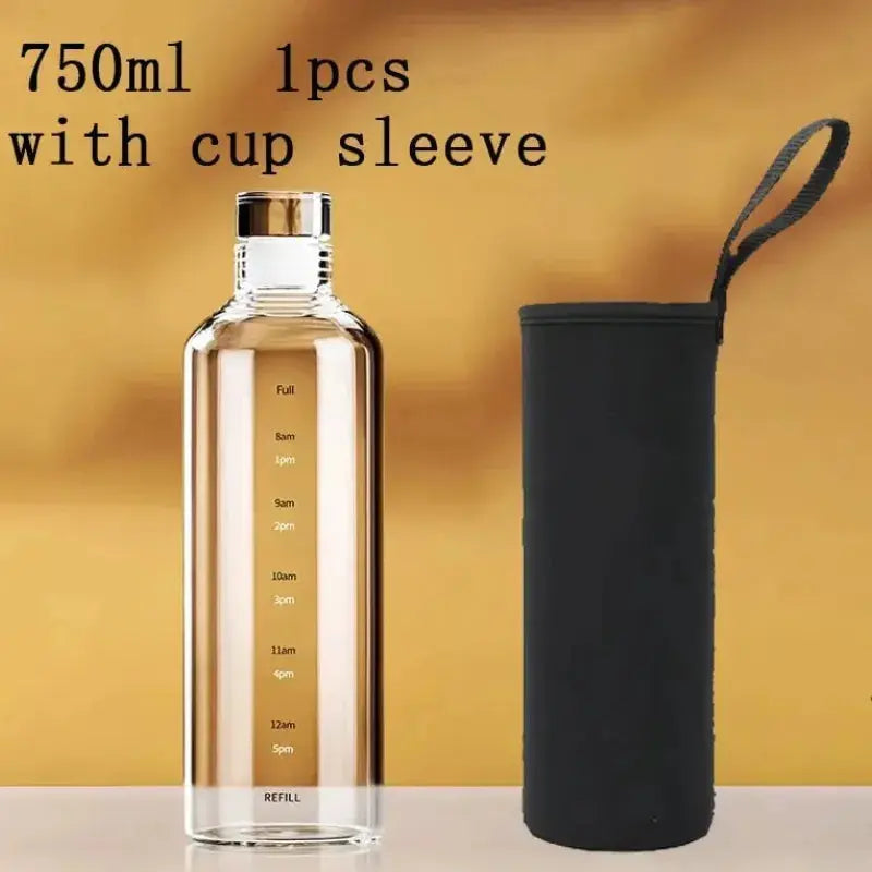 Bouteille d'eau de sport en verre 1L avec repères de temps motivation
