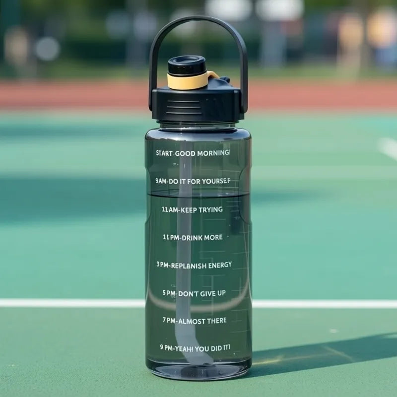 Détail des repères horaires de la Gourde d'Eau Motivation Avec Paille Noir 1,5 L avec marqueur de temps, permettant de suivre facilement sa consommation d ’eau. | La Gourde