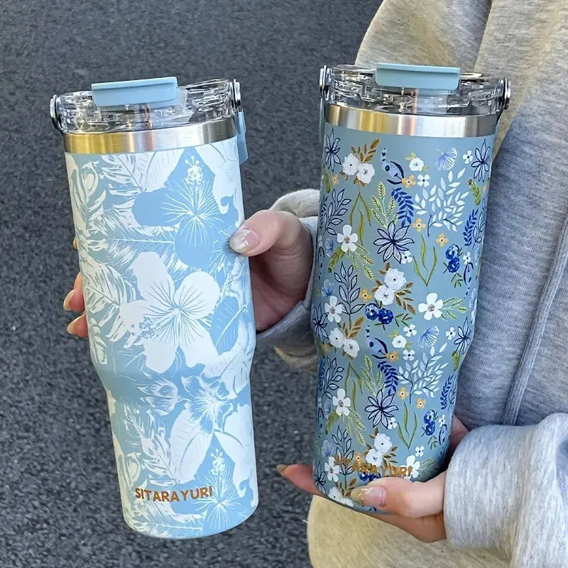 Gourde thermos 900 ml avec motif fleuri pour eau, thé et café