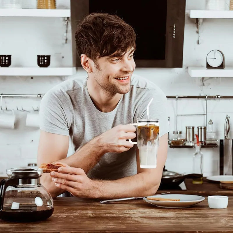 Gourde en verre grande capacité avec paille réutilisable pour boissons detox, jus naturels et eau aromatisée | La Gourde®