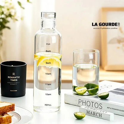 Lot De 2 Gourde En Verre de 1L avec Graduation Horaire, gourde eau portable en verre graduée avec repères horaires, parfaite pour accompagner une routine d’hydratation organisée à la maison, au bureau ou en extérieur.
